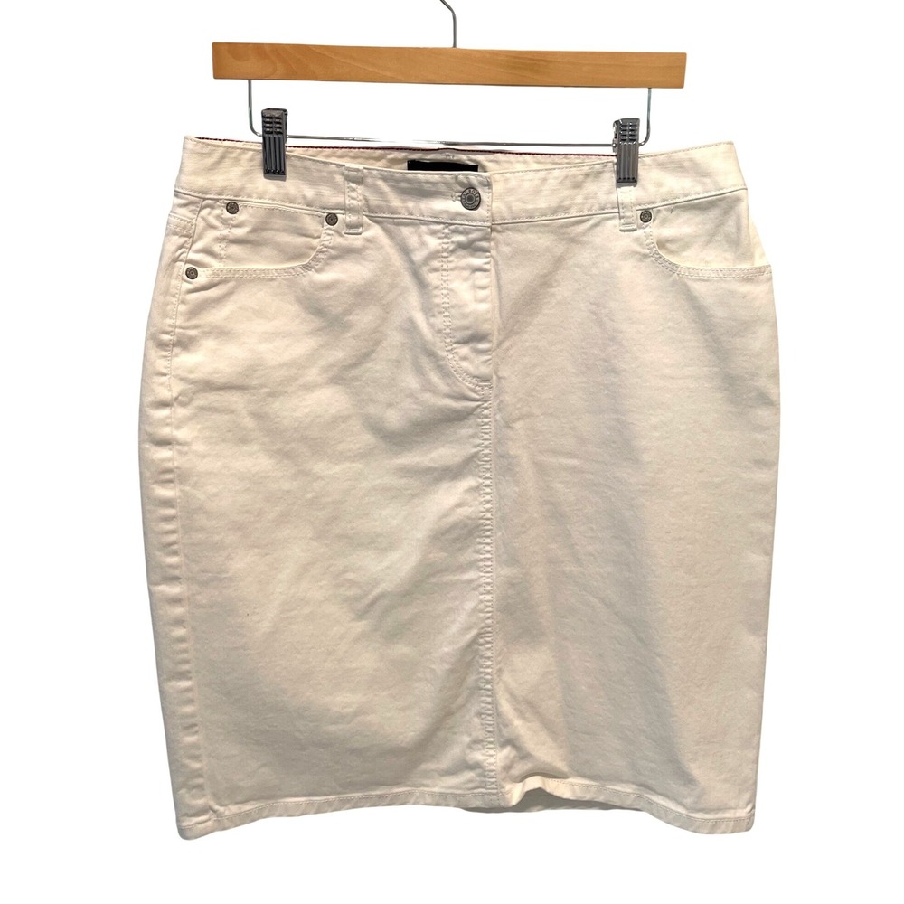 Talbots Denim Pencil Skirt Women 12 White Preppy Coastal Classic‎ Stretch Cotton